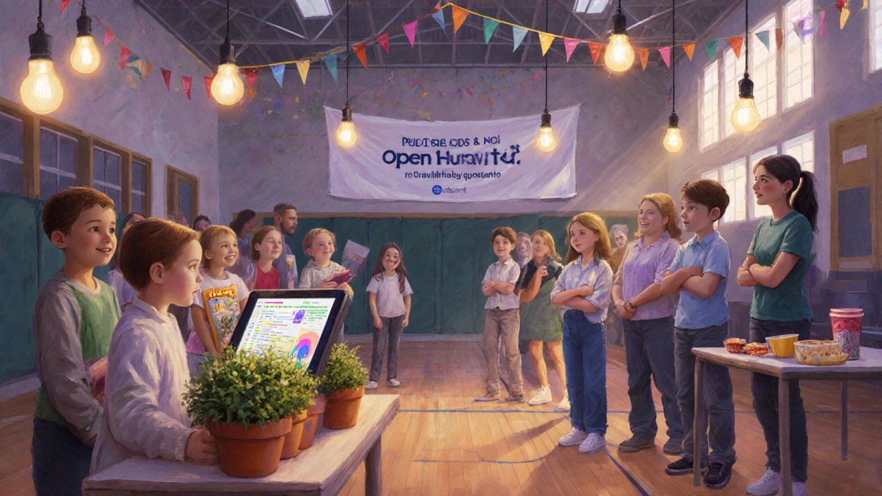 After‑school club open house with kids showcasing projects and families watching in a festive gym.