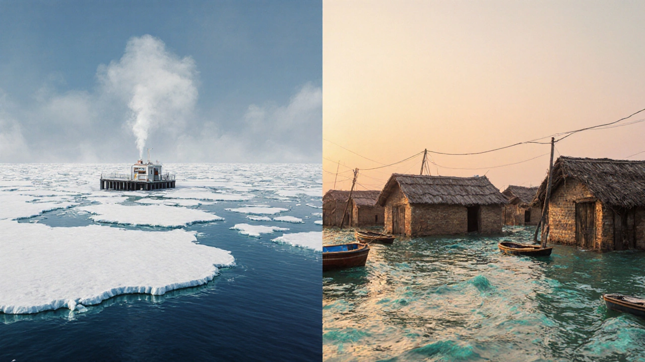 Arctic ice breaking up beside a flooded Bangladeshi coastal village.