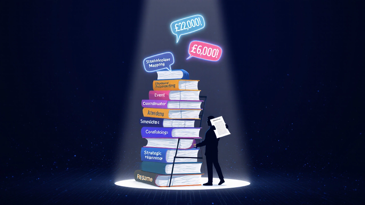 Career ladder of outreach positions with salary ranges and floating CV keywords.