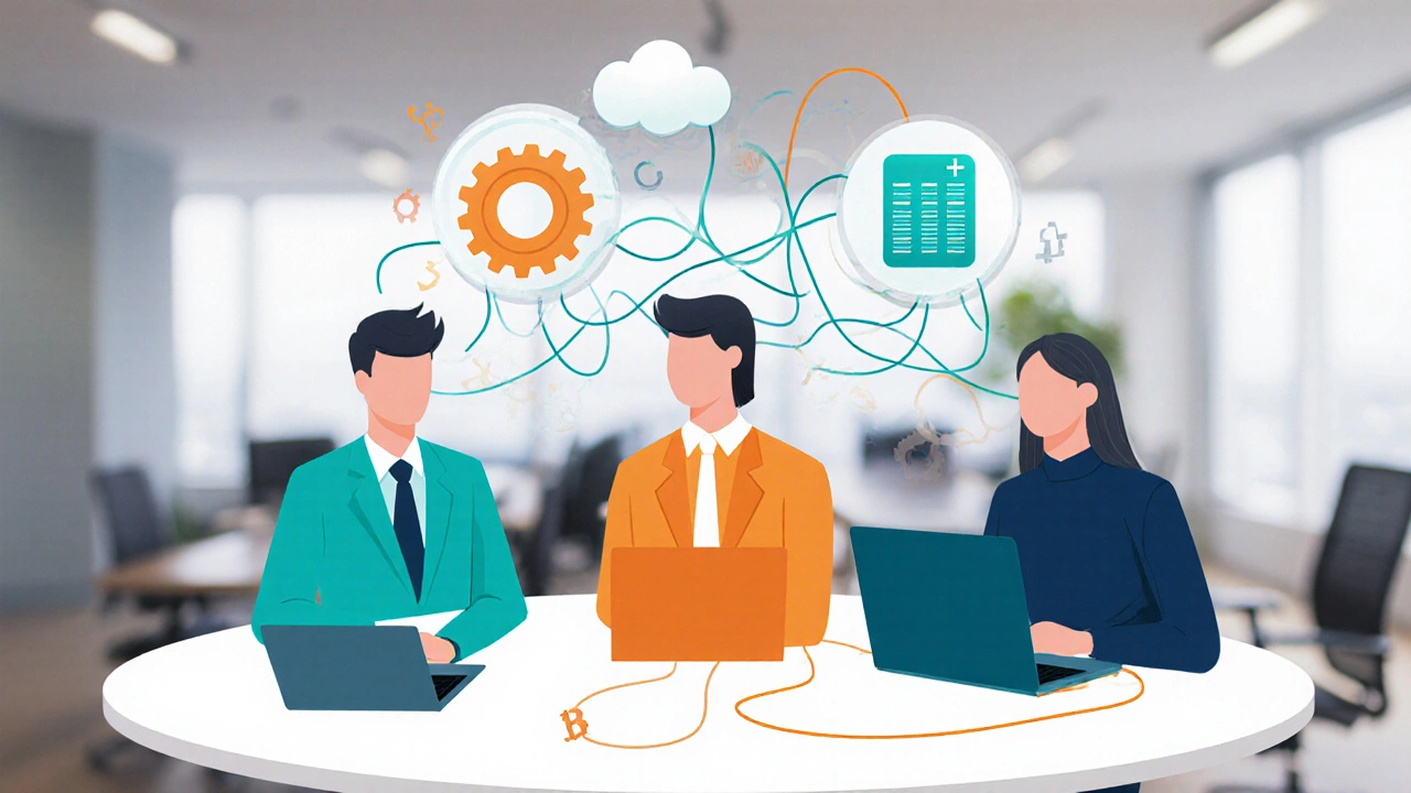 CIO, CTO, and CFO at a conference table with tangled wires and overlapping tech symbols, visualizing role confusion.