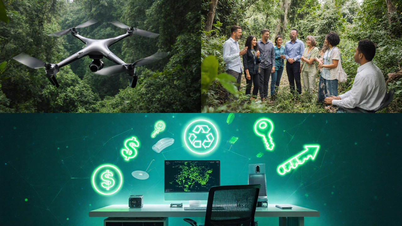 Collage of a drone surveying a forest, community members with keys for a green space, and a green startup office.