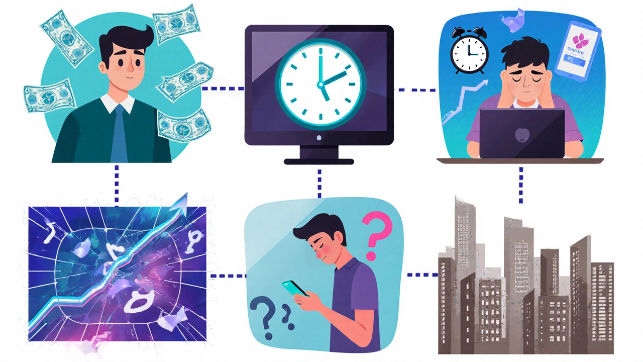 Collage of six vignettes showing economic pressure, time poverty, digital fatigue, generational shift, trust issues, and social capital.