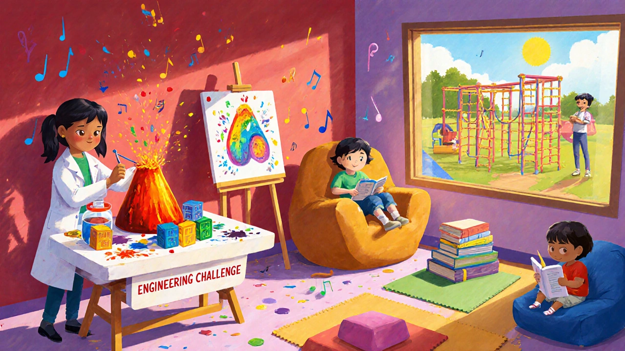 Colorful activity zones showing STEM, art, reading, and outdoor play for children.