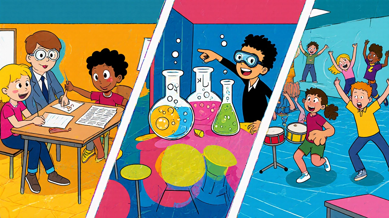 Comic‑style illustration of children doing homework, a science experiment, and music in a lively hall.