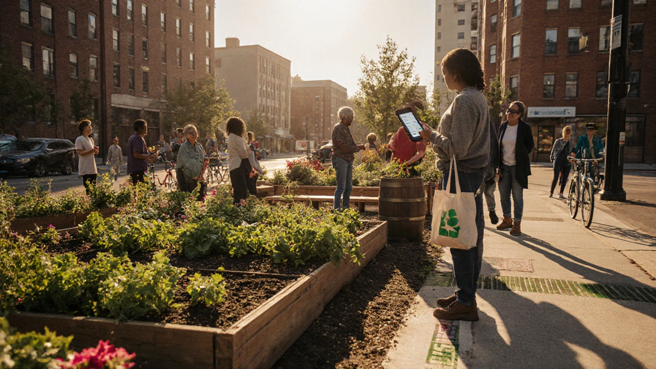 Community garden on a city lot shows plants, benches, people, a smartphone app, and subtle grant symbols.