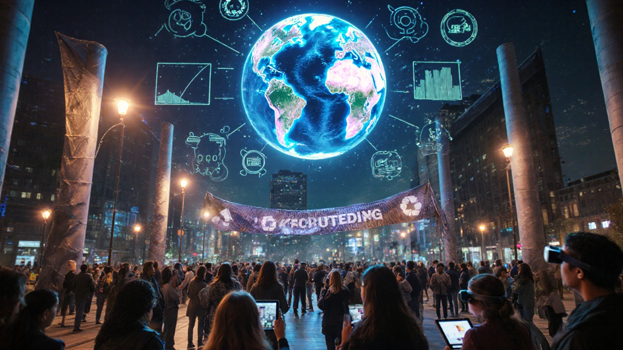 Diverse activists interacting with a holographic Earth projection in a futuristic city plaza.