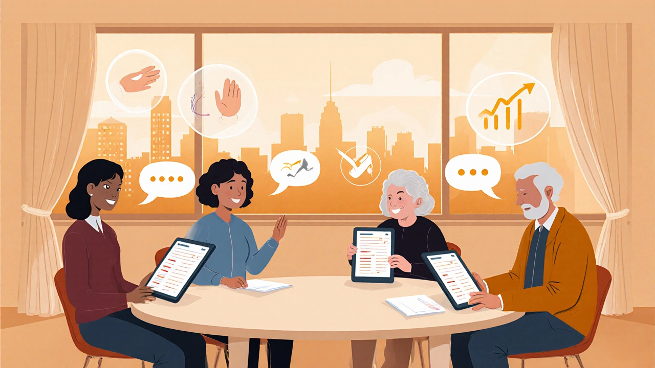 Diverse group shares feedback around a table after an outreach event.