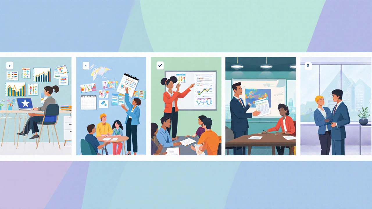 Five-panel illustration showing different outreach job roles and their tasks.