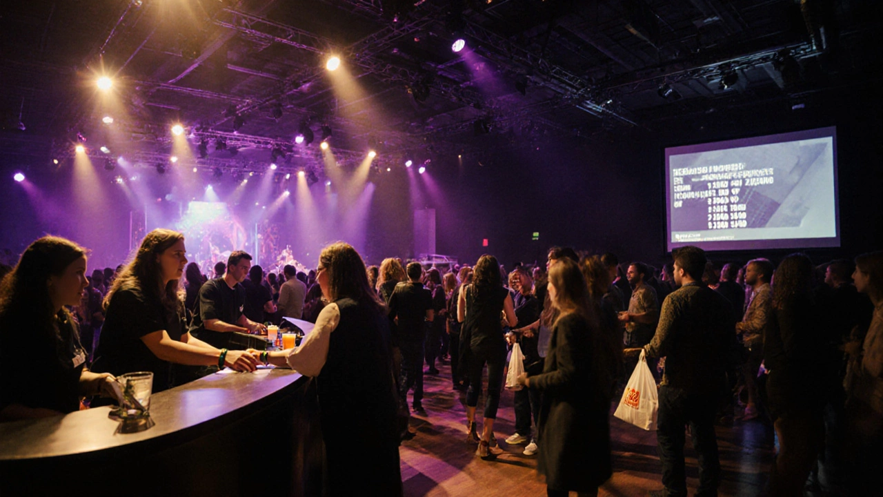Fundraising event bustling with volunteers, live donation screen, and vibrant lighting.