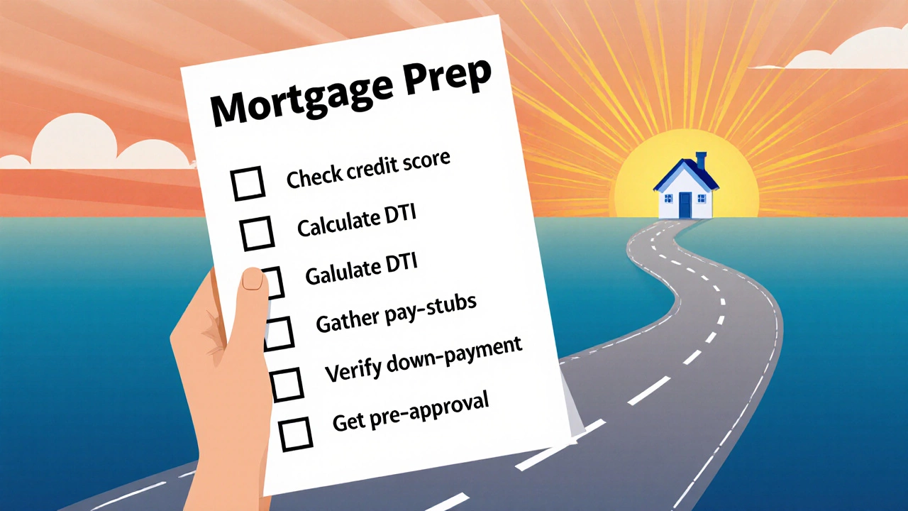Hand holding mortgage checklist on a road leading to a house under sunrise.