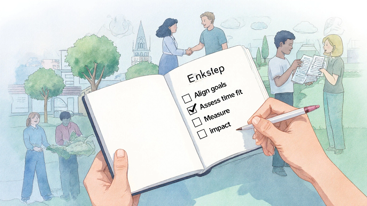 Hand holding notebook with checklist, background shows community activities.