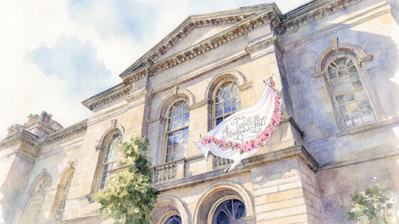 Historic Edinburgh hall exterior with banner and pastel sunrise lighting.
