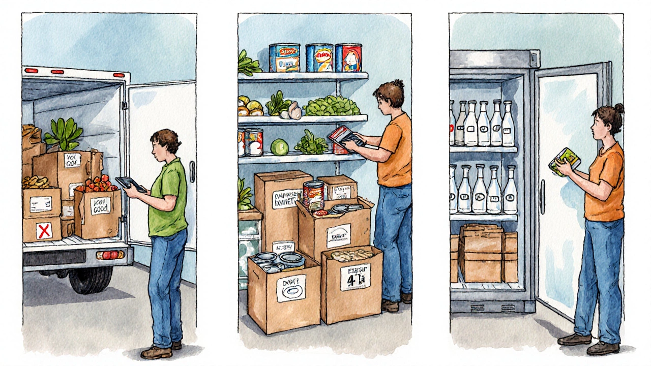 Illustrated sorting process showing volunteers categorizing donations and checking safety.