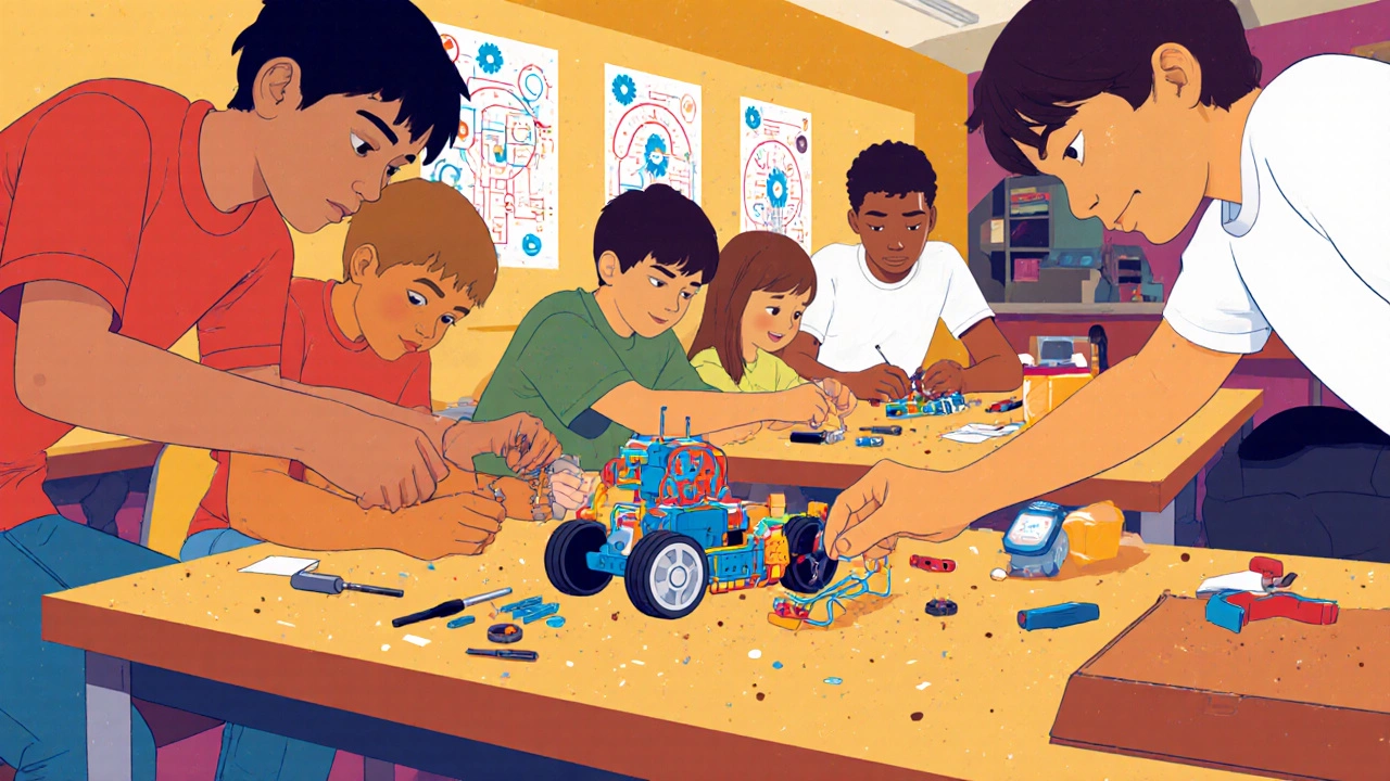 Kids build a small robot together at a workshop table, guided by a volunteer.
