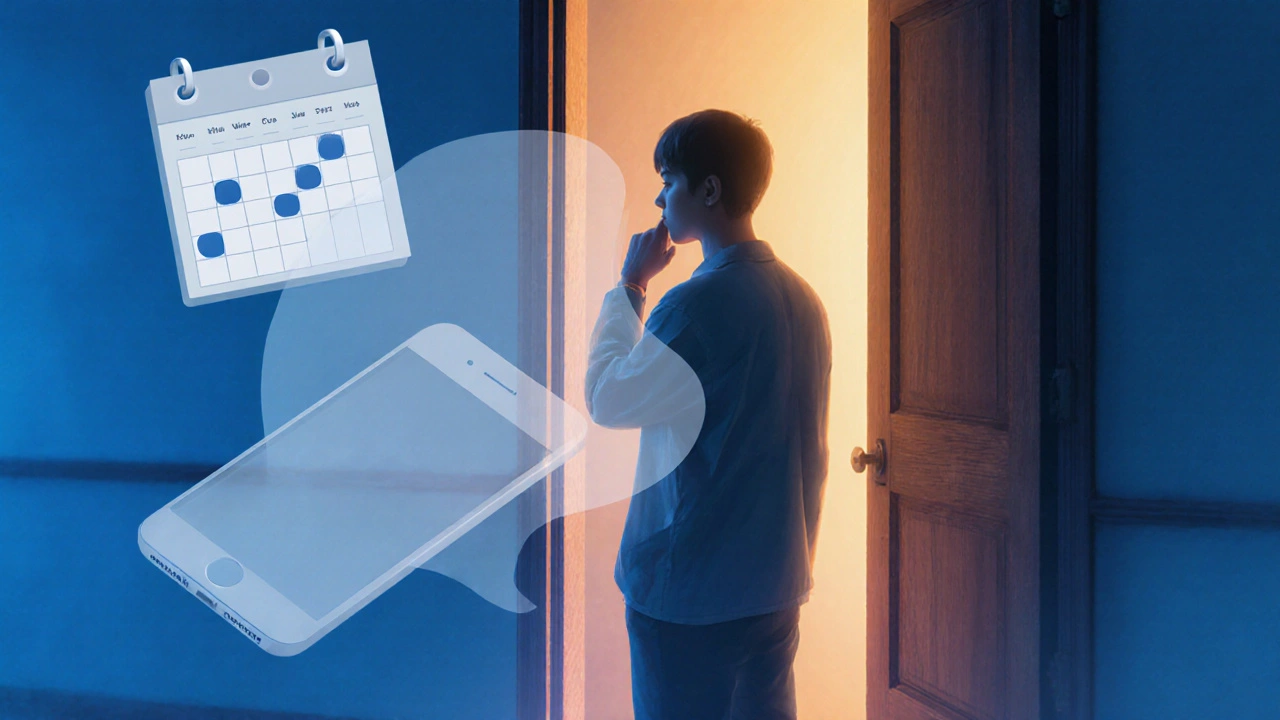 Person at an open door with calendar overlay, contemplating joining a club.