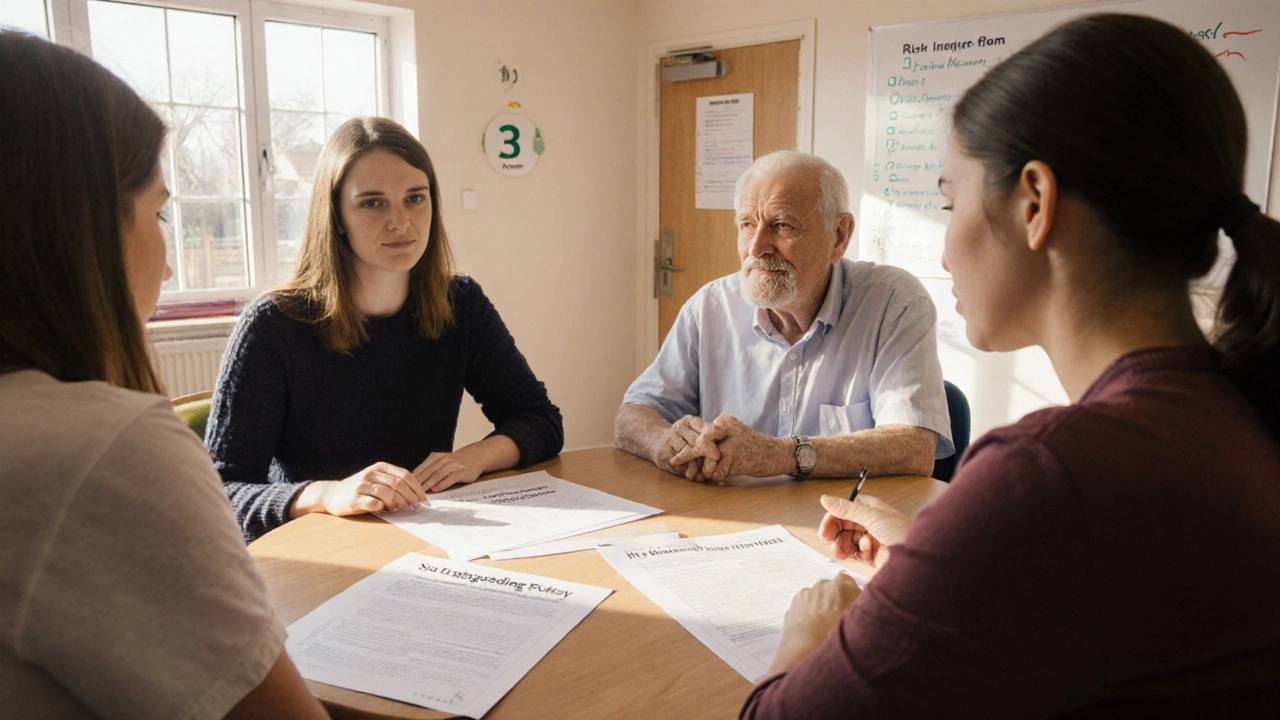 Photo of volunteers reviewing safeguarding documents at a community center table.