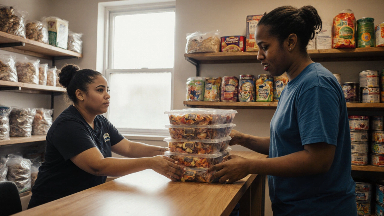 Shelter pantry where a volunteer gives stacked meal kits to staff among organized shelves.