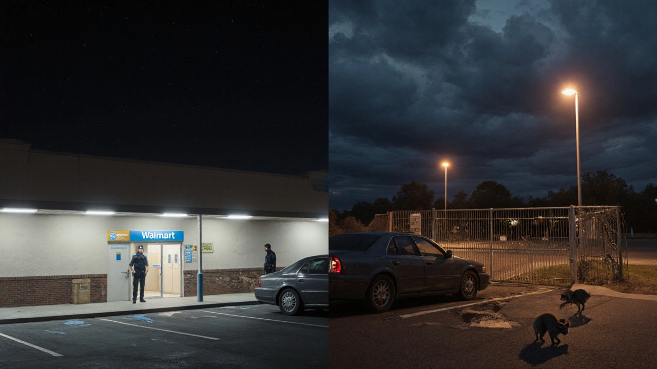 Split image contrasting a well‑lit Walmart lot with a dim rest area featuring a raccoon.