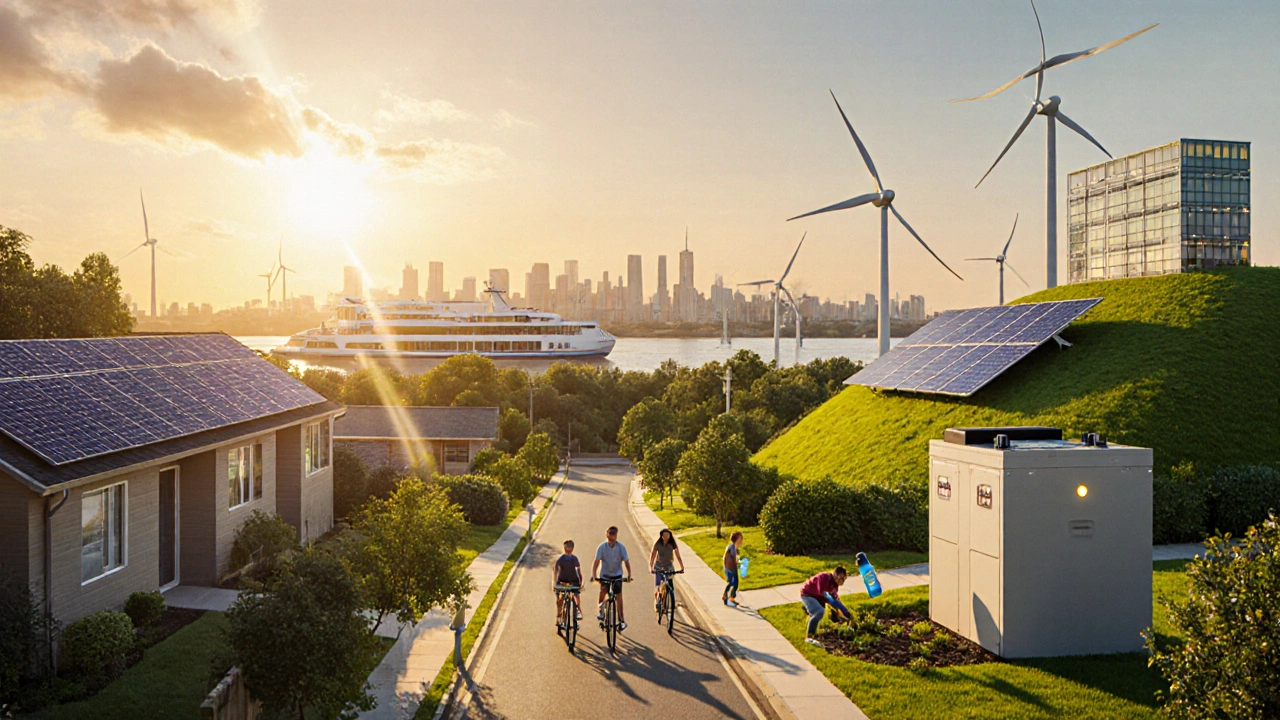 Sunny neighborhood with solar panels, wind turbines, batteries and people living sustainably.