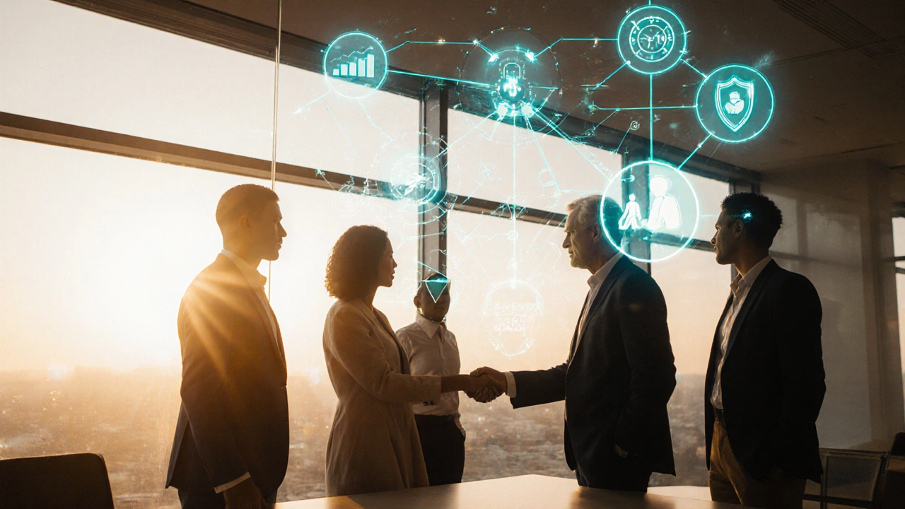 Team of leaders reviewing a holographic roadmap on a glass wall, passing a glowing baton to symbolize succession planning.