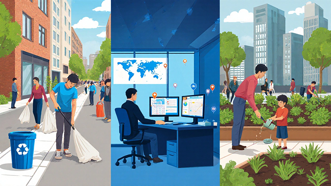Three vignettes showing a street clean‑up, an NGO office, and an urban community garden.