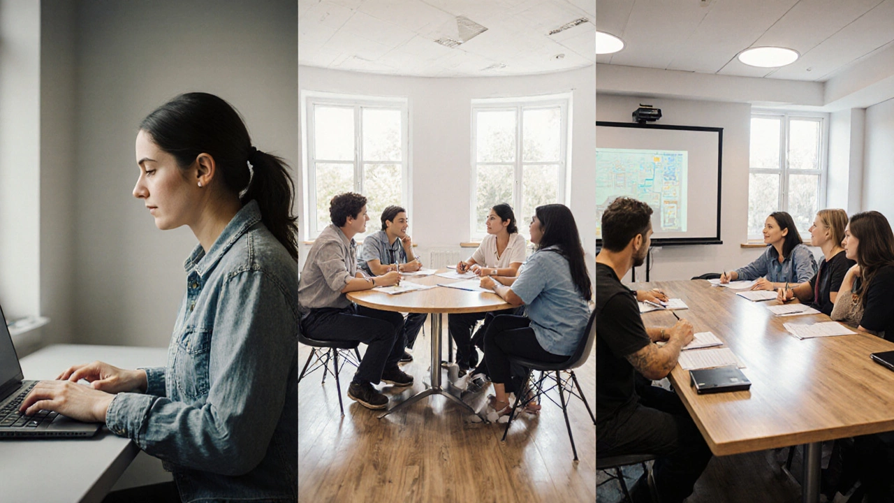 Three volunteer scenarios: laptop posting, tutoring children, board meeting.