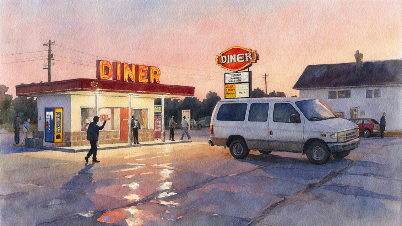 Truck stop scene at dusk showing a van, diner lights, and a traveler checking surroundings.