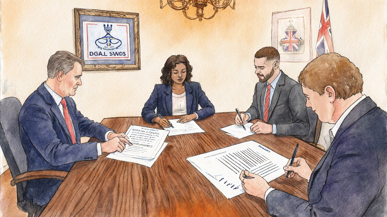 Trustees reviewing legal documents around a wooden conference table.