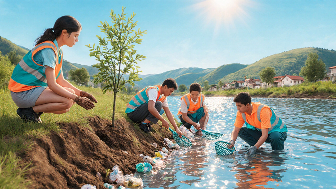 Volunteers cleaning a river and planting a tree on a sunny day near a village.