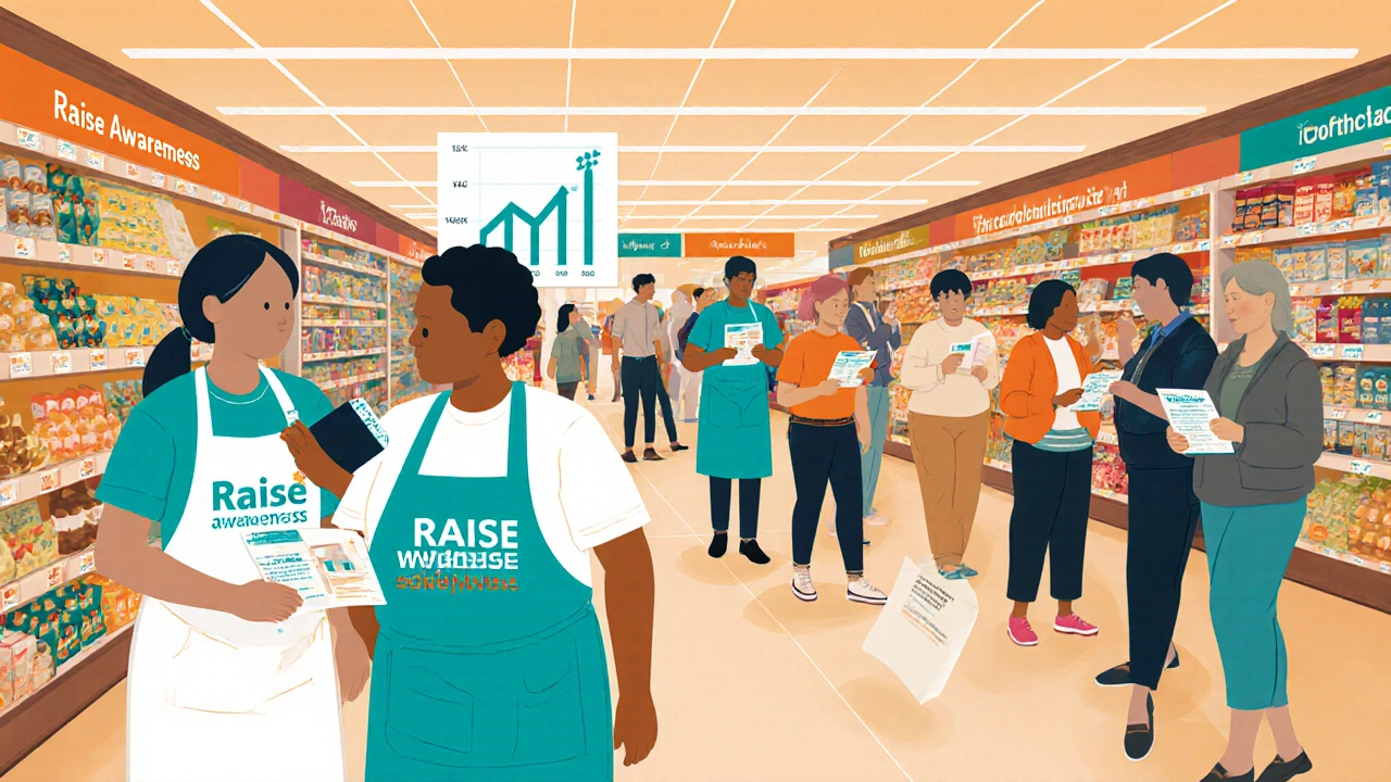 Volunteers run a health‑check pop‑up inside a Glasgow grocery store.