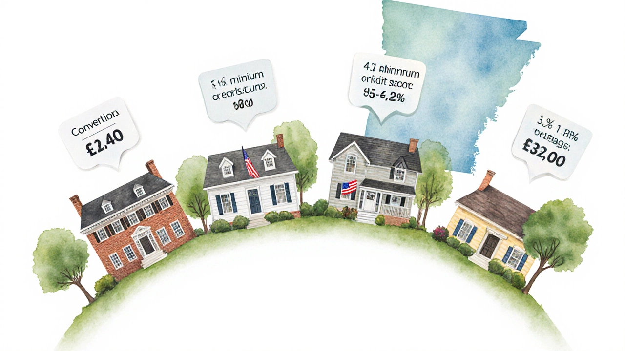Watercolor collage of four houses labeled loan types with credit scores and down payment percentages.