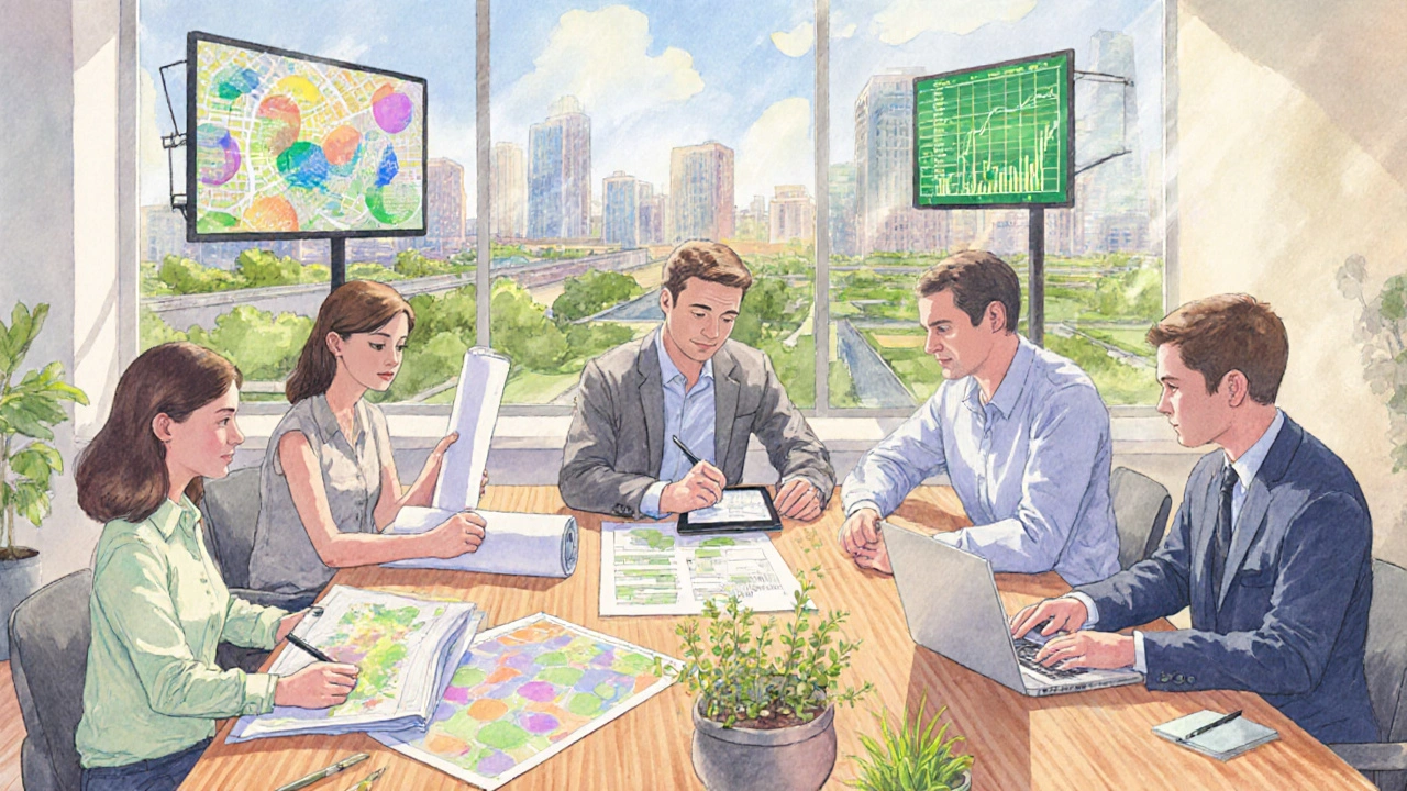Watercolor of a diverse team of experts planning together with maps, tablets, and city views.