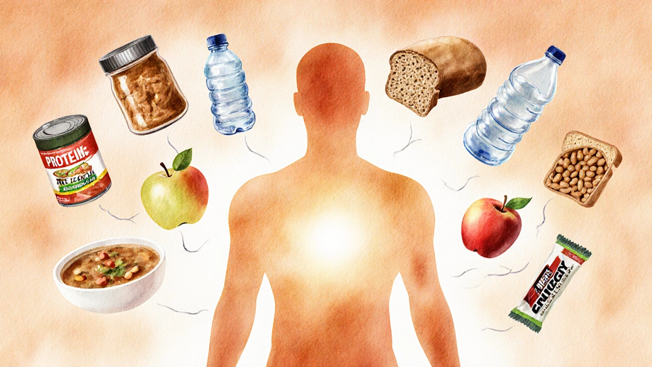 Watercolor silhouette surrounded by illustrated beans, peanut butter, bread, apple, water, soup, and bar.