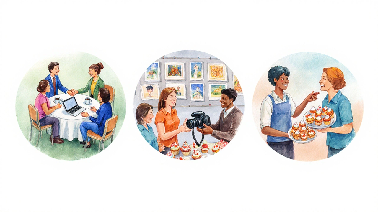 Watercolor vignettes of networking, photography workshop, and charity bake sale.