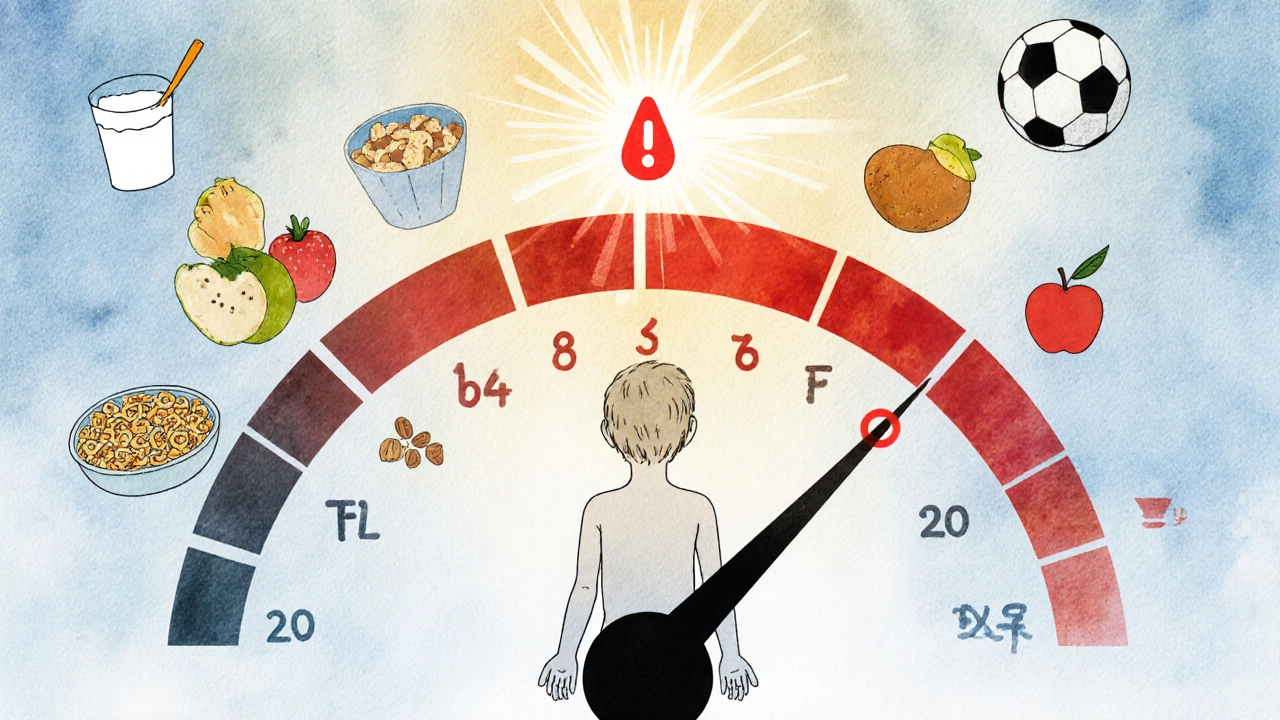 A child&#039;s body shown as a fuel gauge with healthy snacks guiding them back to energy.