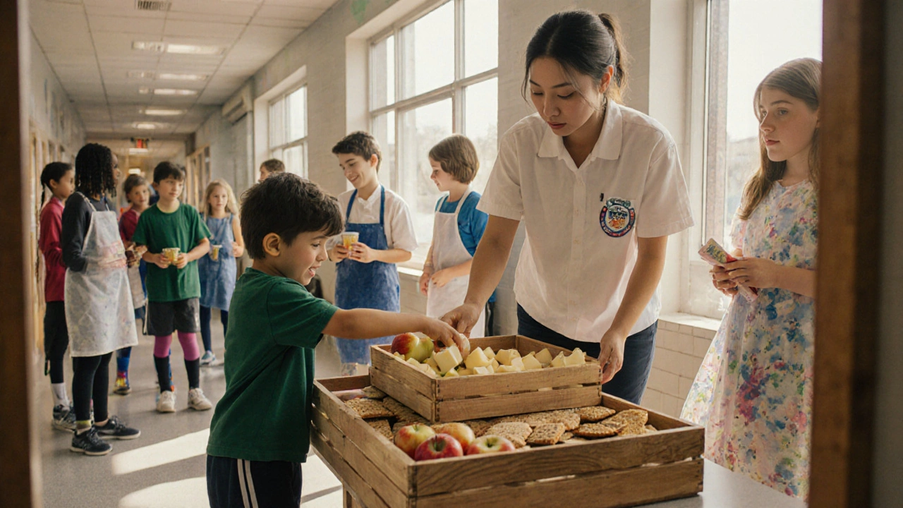 A child taking a healthy snack from a school snack station after an after-school club.
