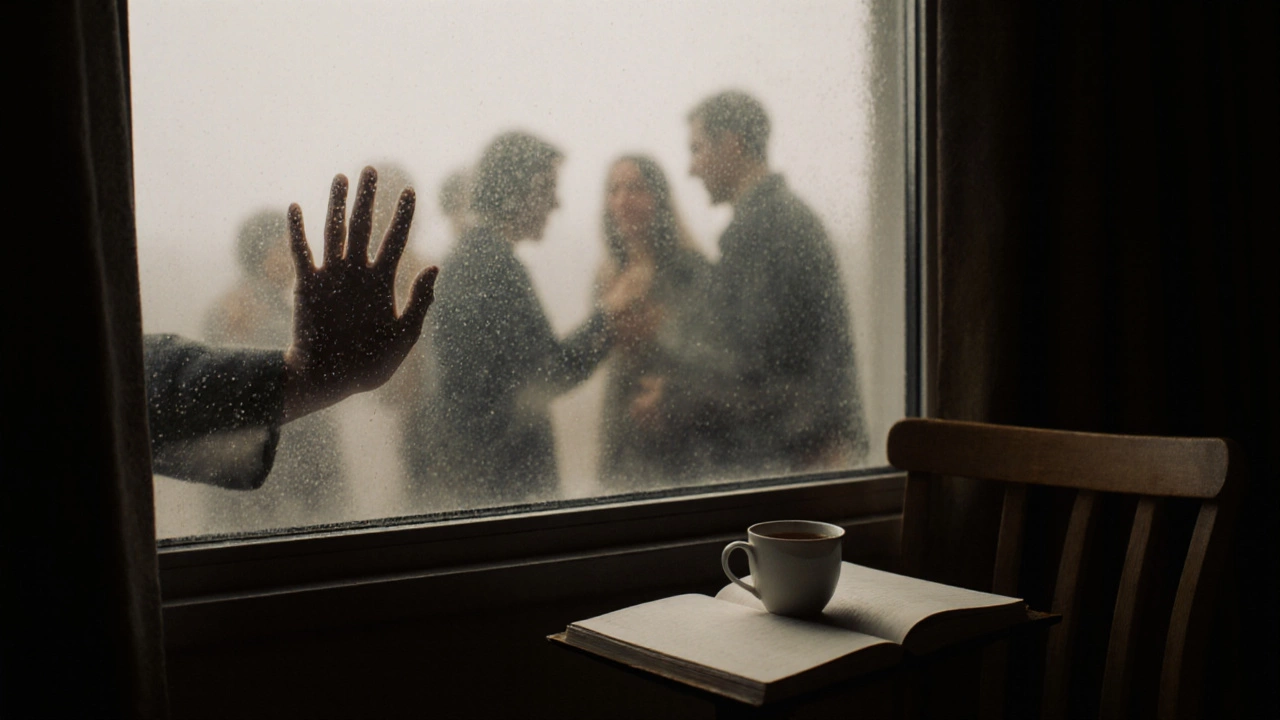 A hand reaching toward distant figures through a fogged window, conveying isolation and disconnection.