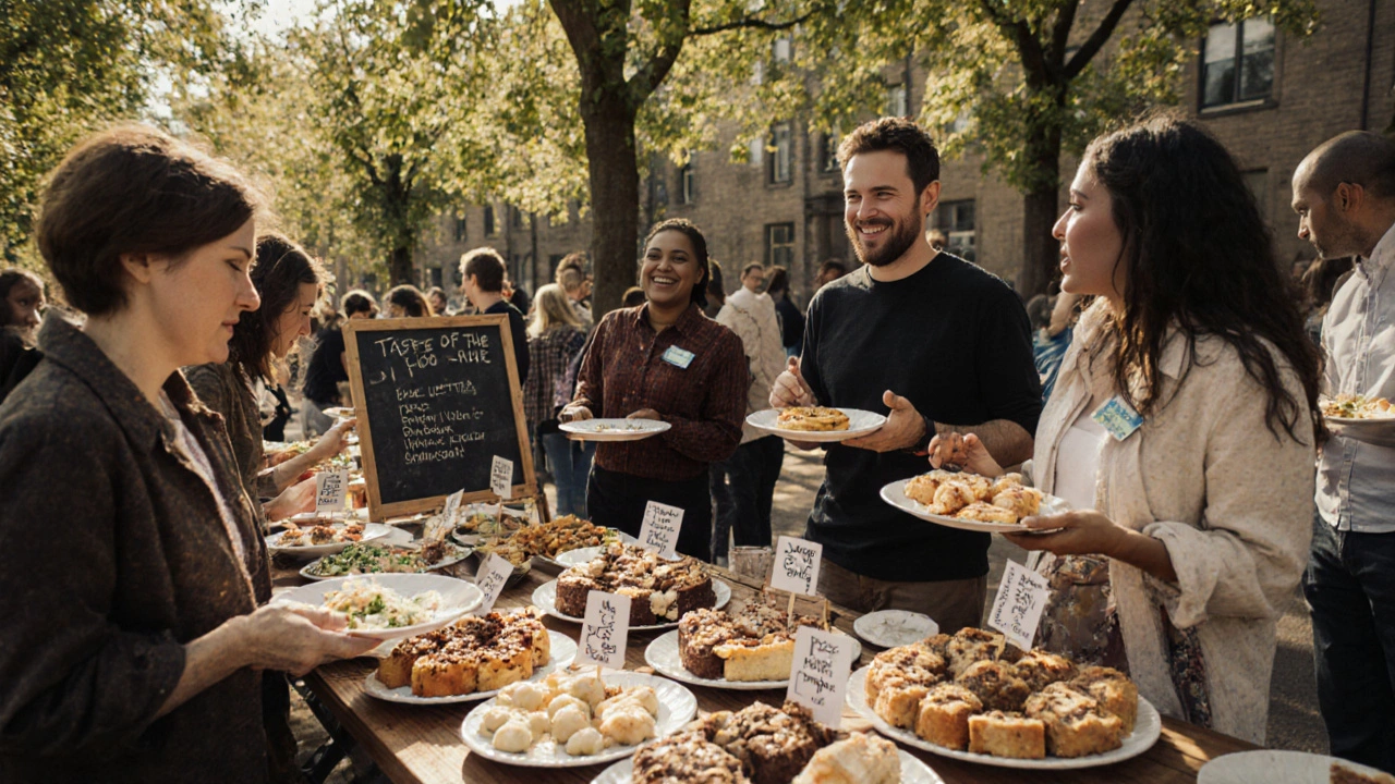 Colorful bake sale table with international treats like pierogi and rum cake, guests buying slices for £3 each.