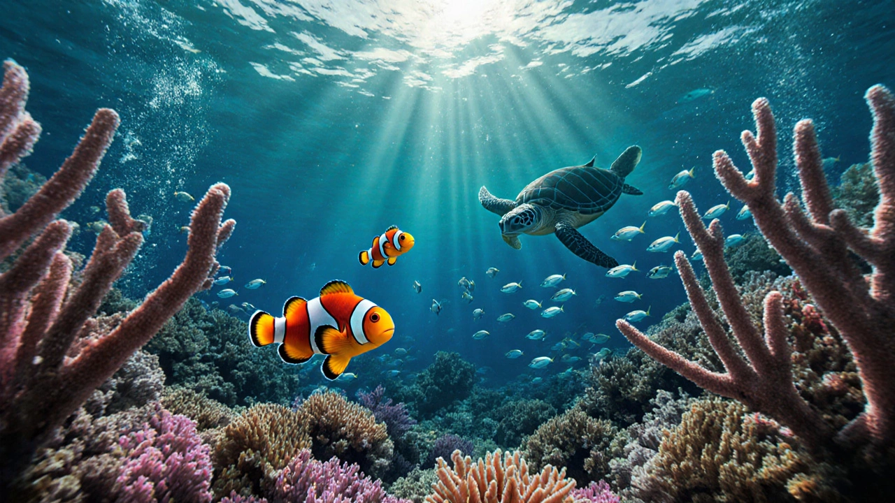 Colorful coral reef with clownfish, sea turtles, and sunlight piercing through clear ocean water.