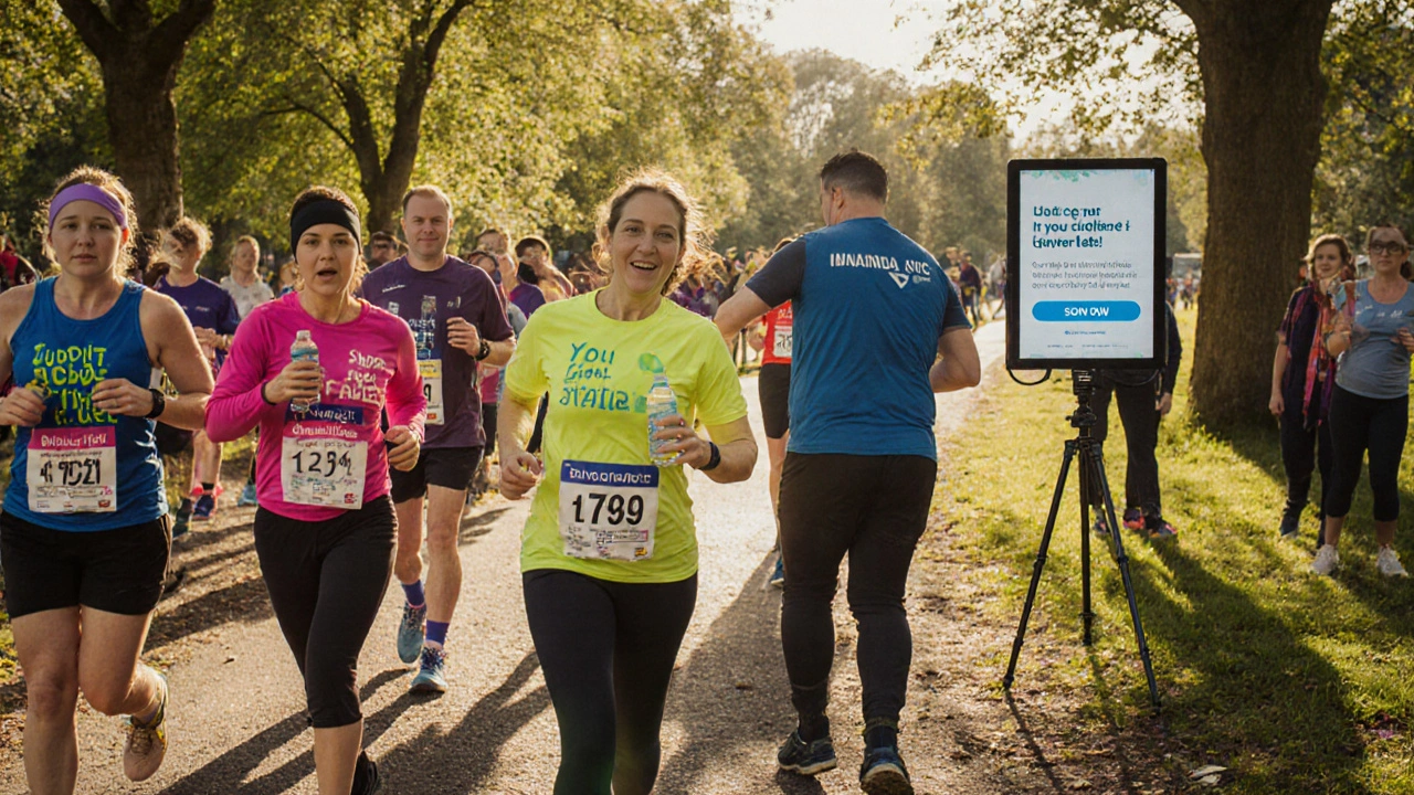 Community members running a charity 5K through a park, volunteers handing out water.