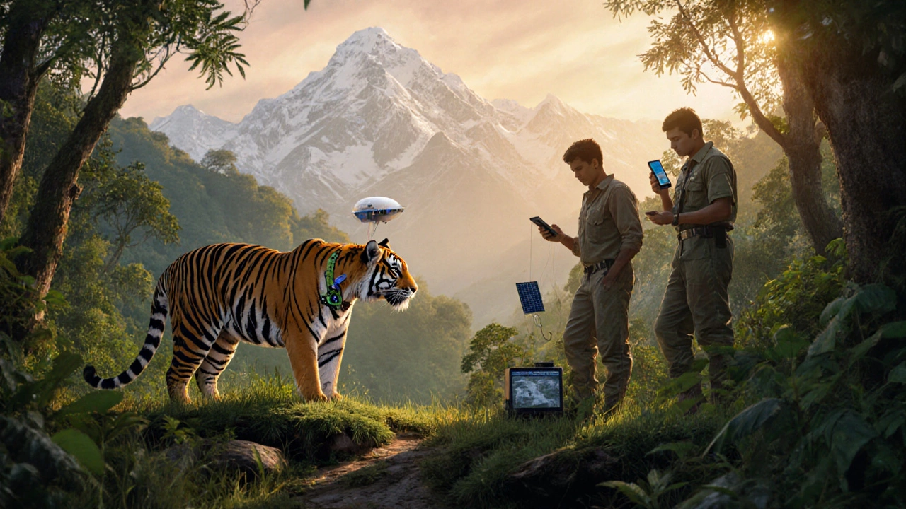 Conservationists collaring a tiger in Nepal’s jungle, rangers using smartphones to track wildlife.