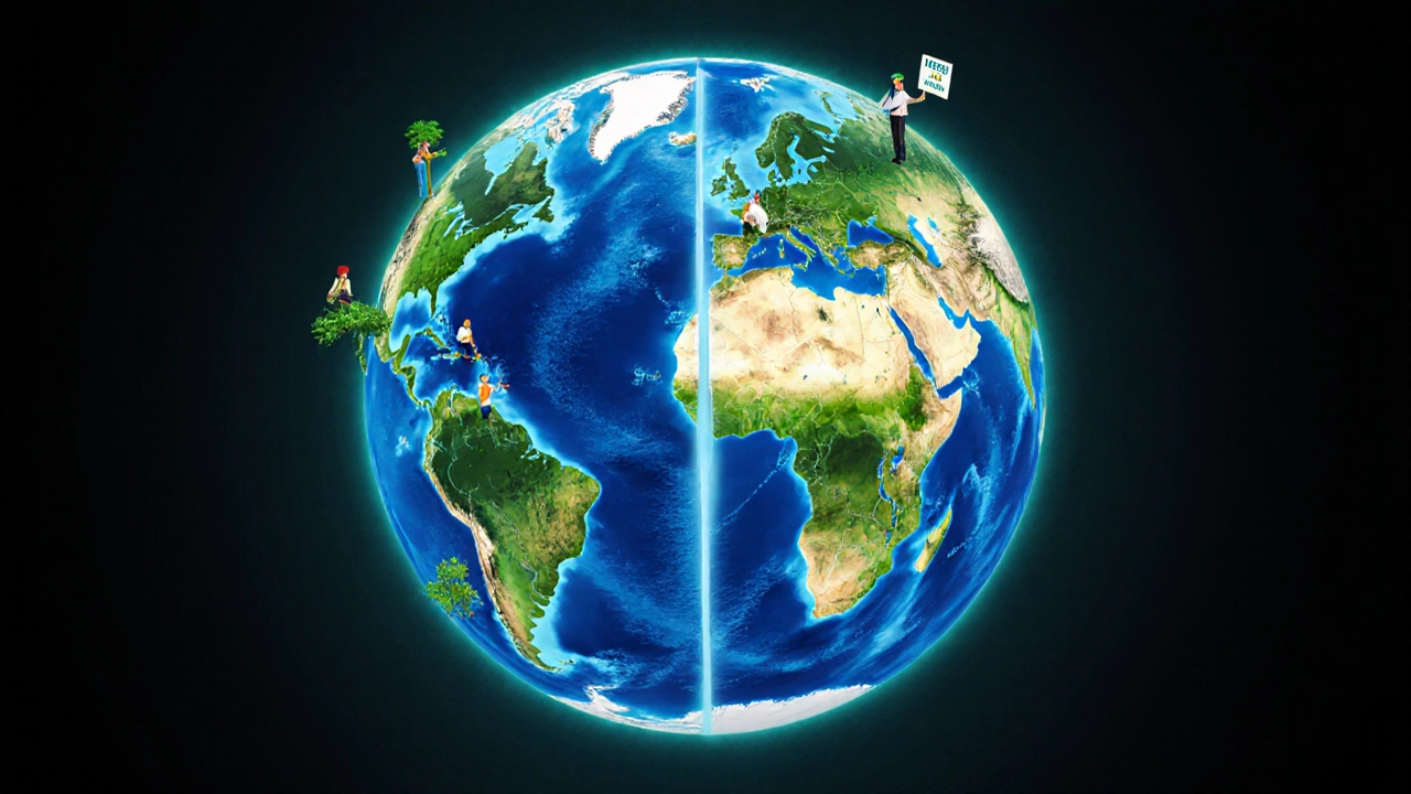 Glowing global map of protected lands and waters, with tiny people engaged in environmental action.