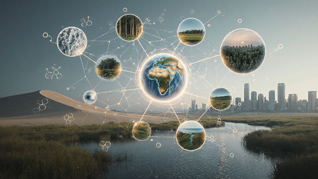 Glowing web connecting seven ecosystems across the planet, showing interconnected environmental flows.