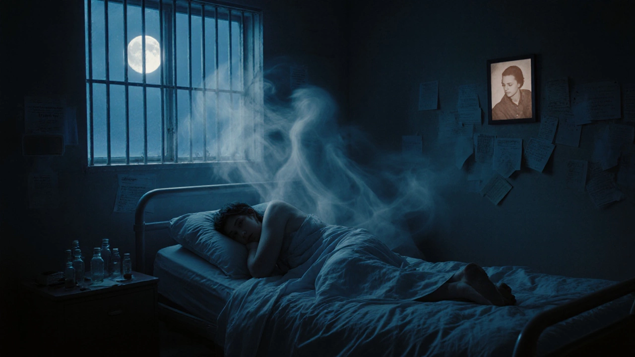 Someone alone in a hospital room, surrounded by empty medication bottles and ghostly voices.