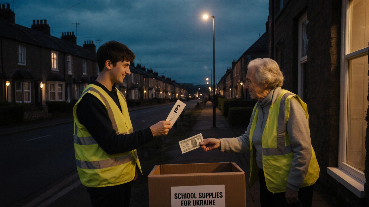 Two teens in vests donate to a woman at her doorstep, holding a sign for school supplies for Ukrainian children.