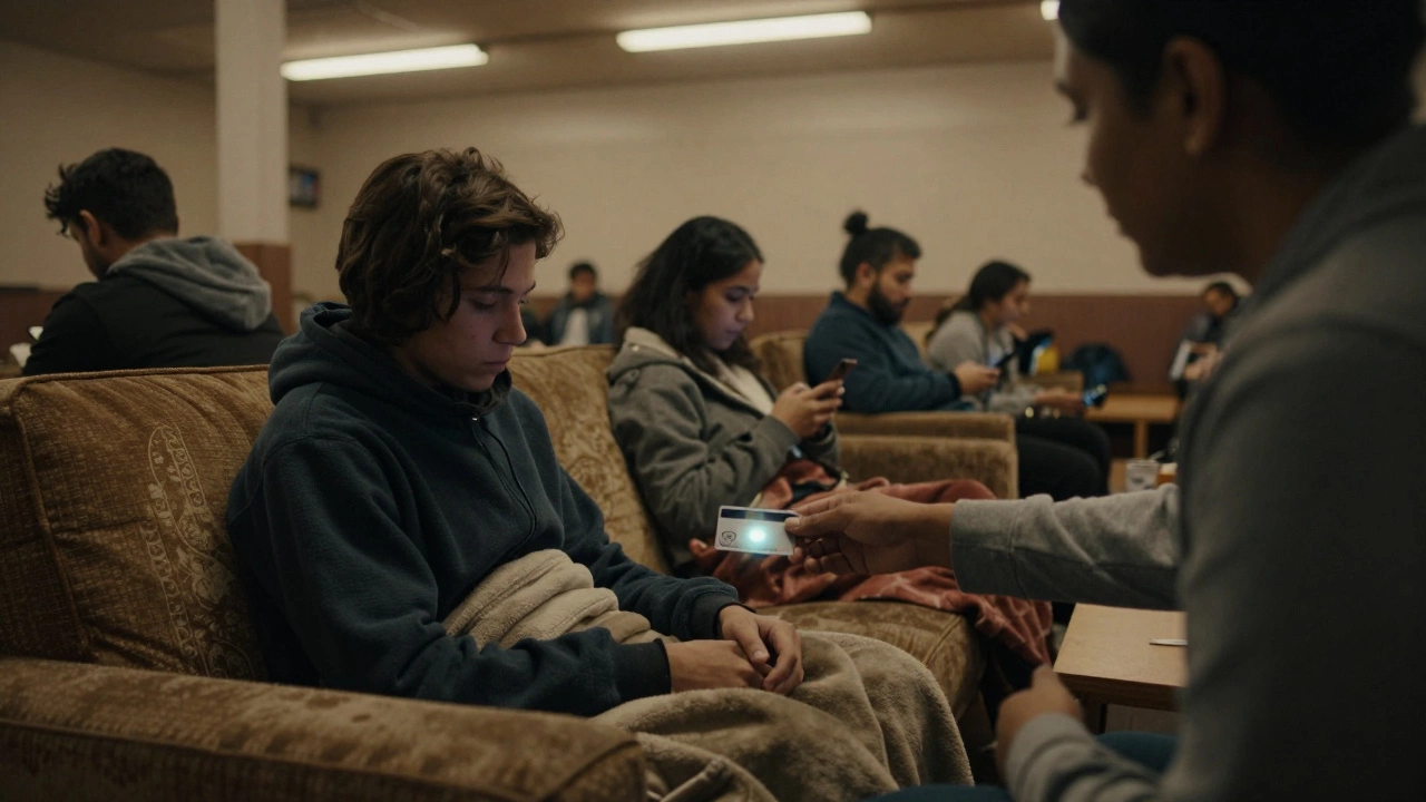 A caseworker handing a prepaid card to someone in a shelter, others resting quietly in the background.