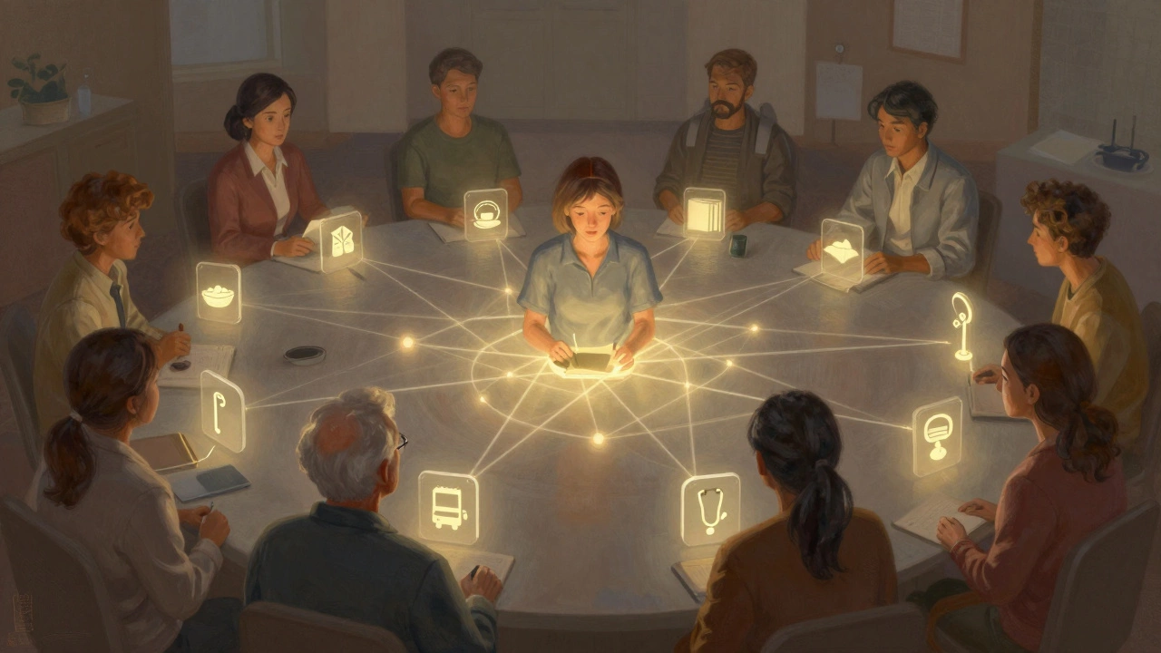 A central figure connected by glowing threads to community members and essential services.