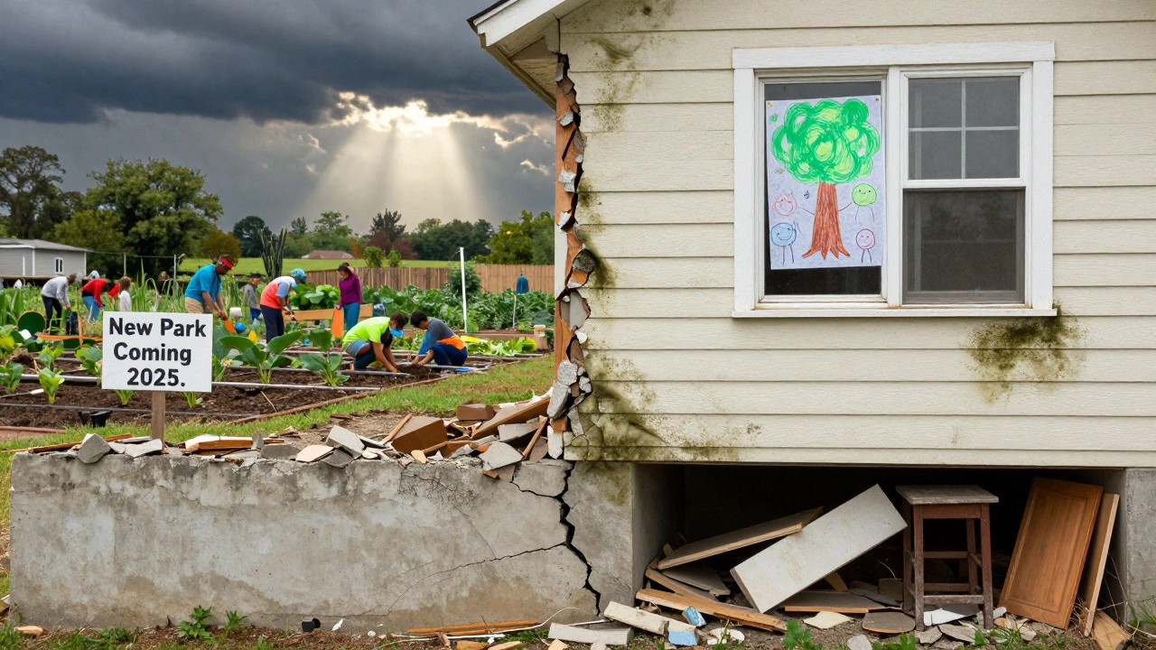 A crumbling home with mold and poverty signs, contrasted by neighbors planting a community garden nearby.