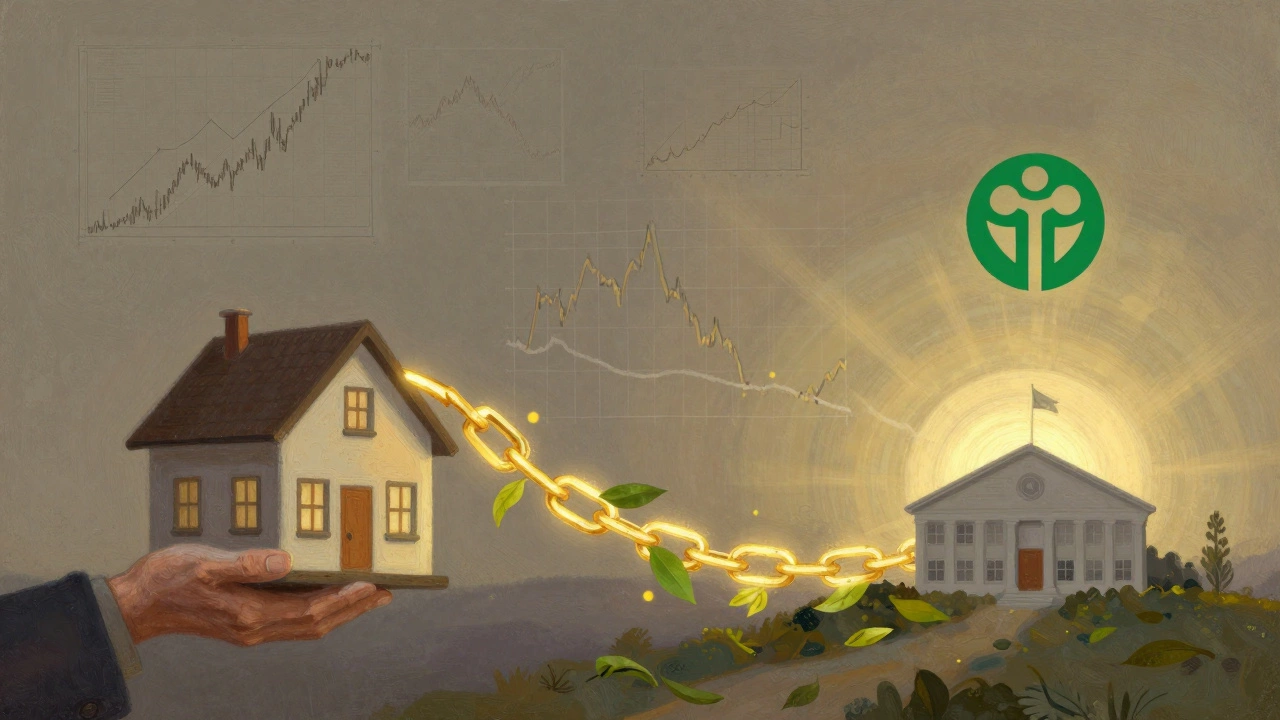 A golden chain connects a home, stock graph, and charity logo, symbolizing asset conversion into legacy giving.