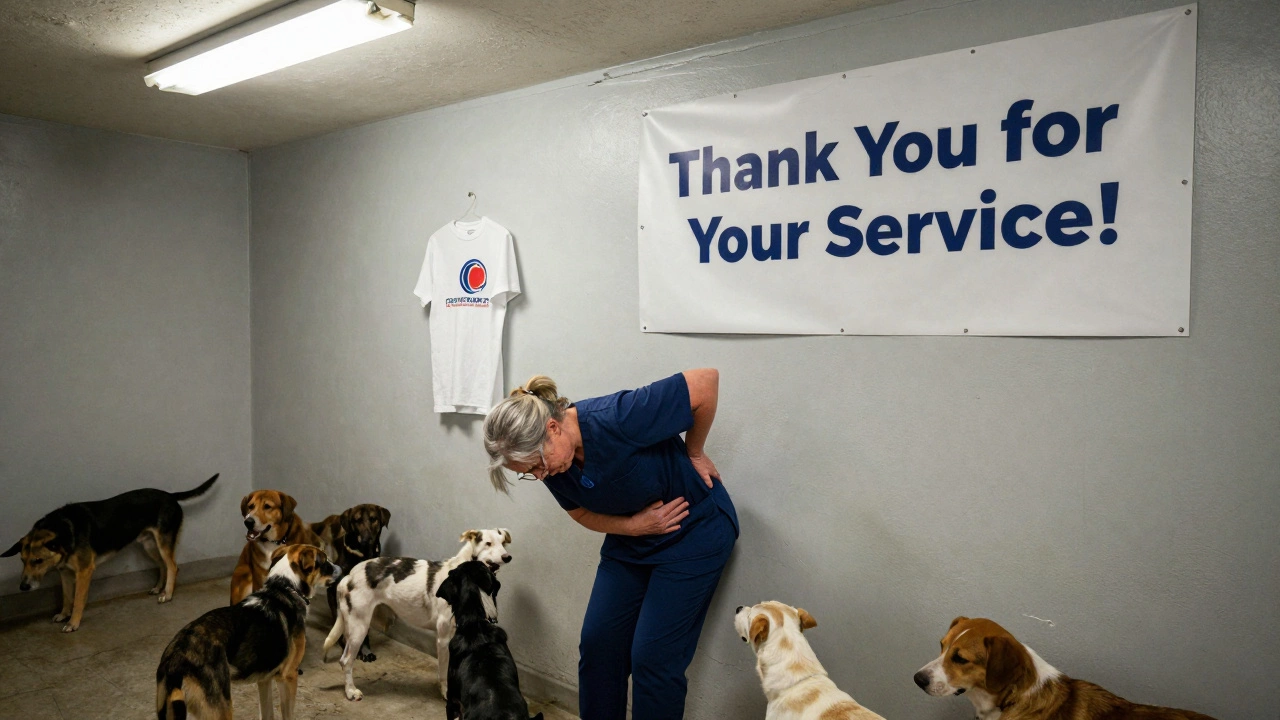 A nurse leans against a wall in an animal shelter, exhausted, while a &#039;Thank You&#039; banner hangs above.